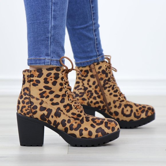 Lace-Up Lug Chunky Block High Heel Ankle Boots Leopard Faux Suede - Picture 4 of 12